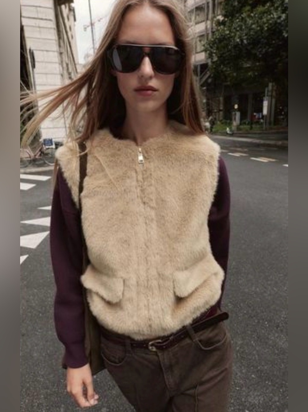 NWT Zara Woman FAUX FUR ZIP VEST Jacket Size L Large